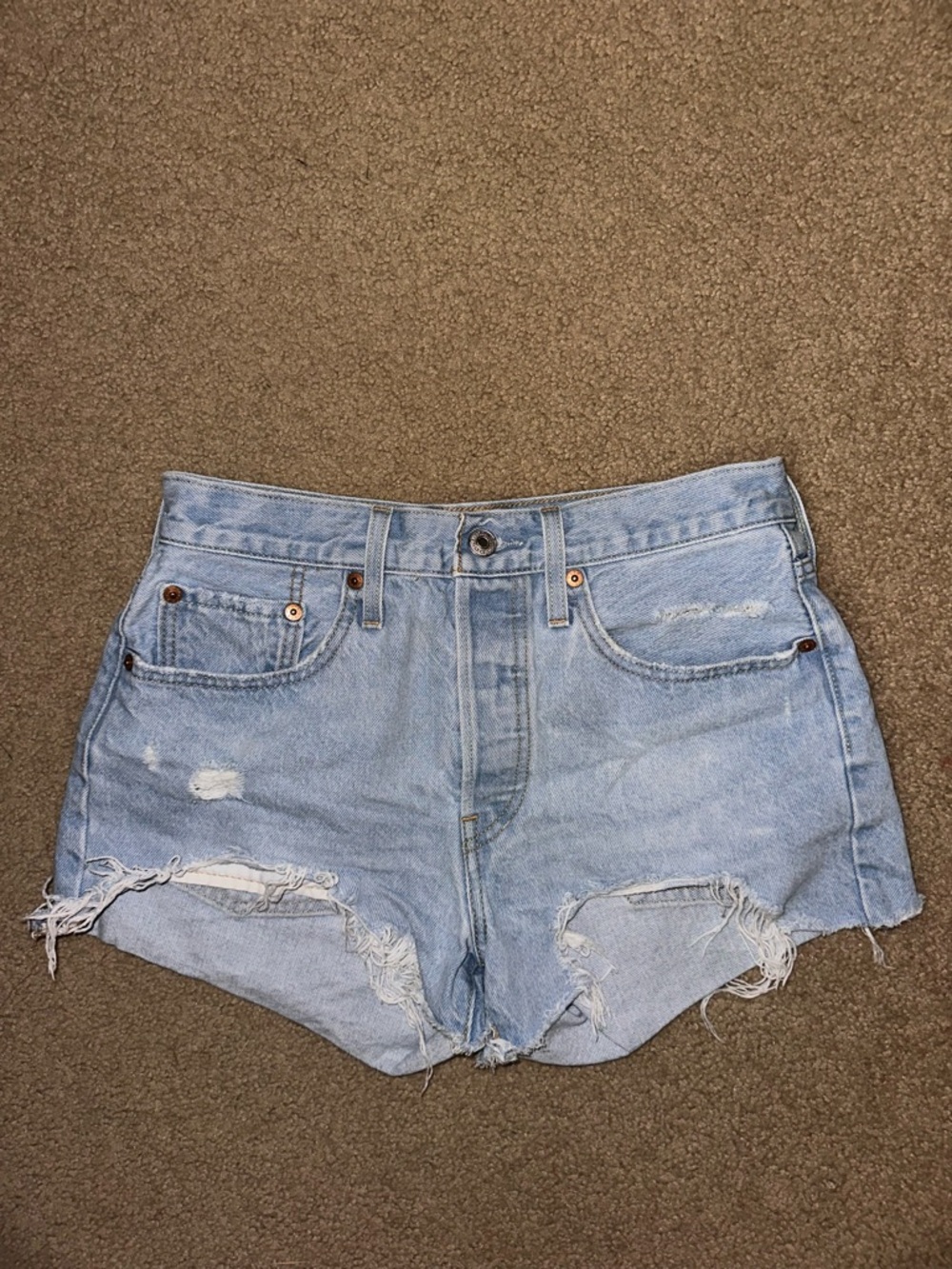 Levi’s Light Blue Distressed High-Waist Denim Shorts